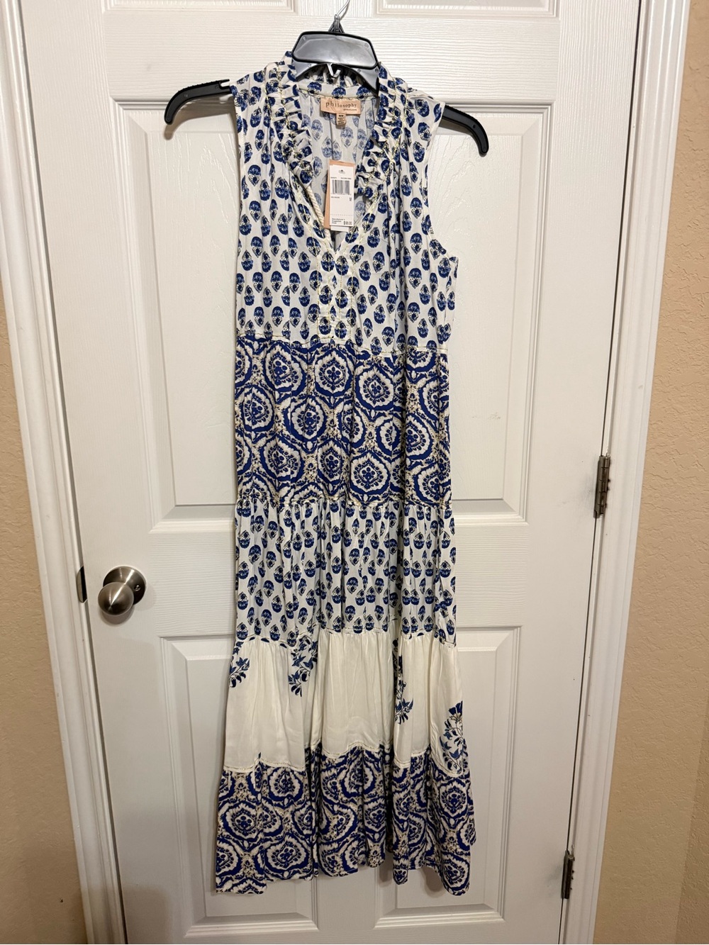 Philosophy White Maxi Dress with Blue Print
